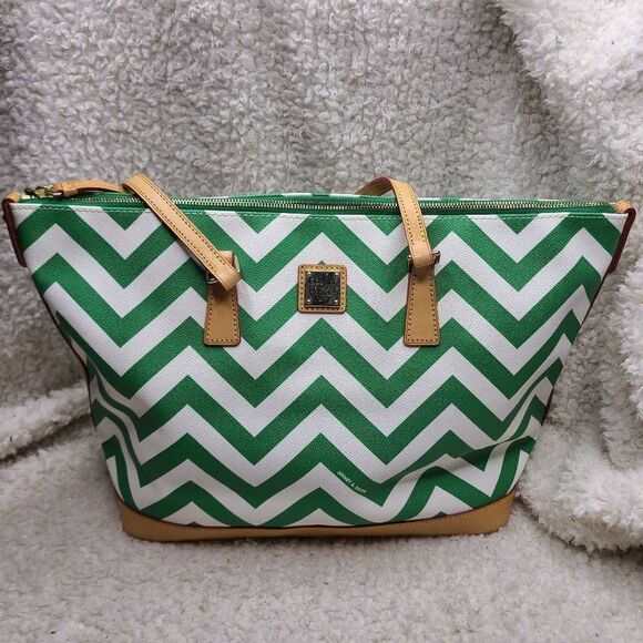 Dooney &‎ Bourke Green and White Chevron Striped Coated Shopper Tote - Picture 1 of 11